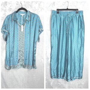 Max Studio Women's XL Set Pajamas Teal Blue Paisley Print Top Pants Lounge New